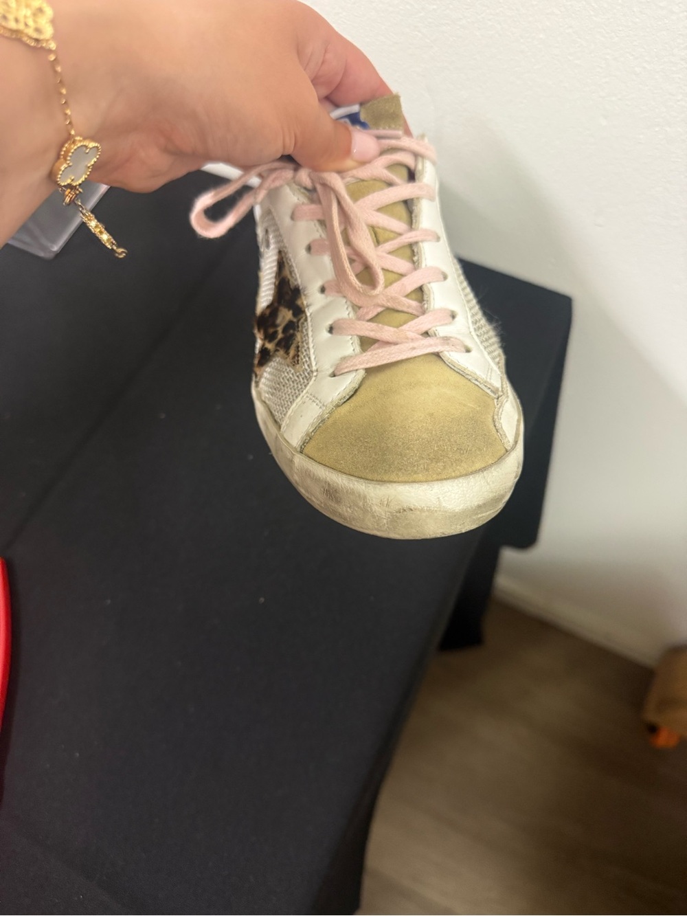 Golden Goose White Leather Low-Top Sneakers with Pink Laces and Leopard Star - Picture 6 of 11